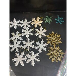 vintage Snowflake Christmas Ornament Lot Gold  White Iridescent Acrylic 15pc